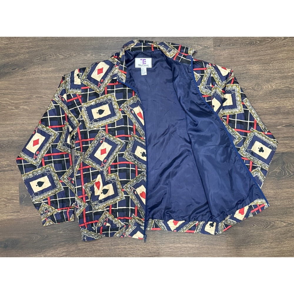 Vintage Oleg Cassini 100% Silk Lucky Casino Playing Card Jacket Women XL